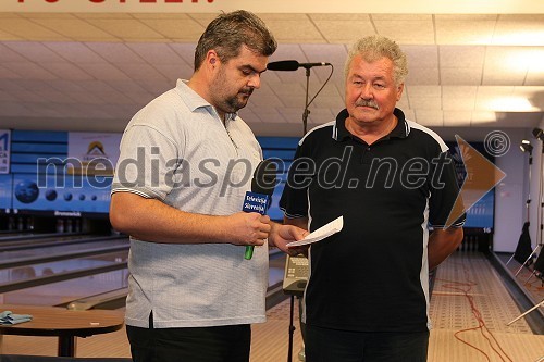 Matej Štrafela, novinar RTV Slovenija in Tomaž Križaj, slovenski igralec bowlinga