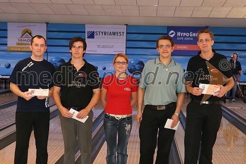 Nick Froggatt, zmagovalec Maribor open 2007, Tony Fransson, 2. mesto turnirja, Dina Košir, vodja marketinga Bowling centra Strike, Erik Andersin, 3. mesto turnirja in Martin Larsen, 4. mesto turnirja