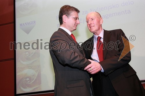 Franjo Bobinac, predsednik uprave Gorenje d.d. ter predsednik Združenja Manager in Tone Turnšek, dobitnik priznanja za življenjsko delo Združenja Manager na področju managmenta