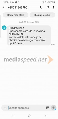 SMS sporočilo, s katerim iz ZD Lenart sporočijo, da je vaš bris na testu negativen na COVID 19