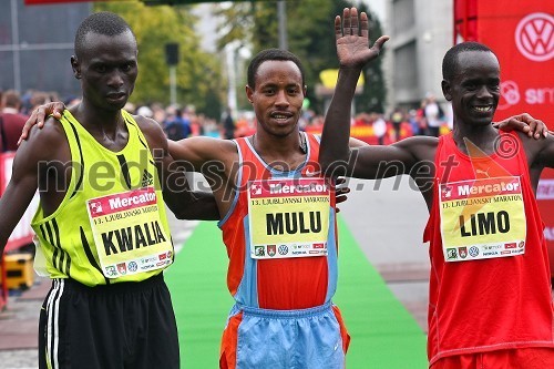 Peter Kwalia (Kenija), tretjeuvrščeni, Amare Mulu (Etiopija), zmagovalec in Ibrahim Limo (Kenija), drugouvrščeni na Ljubljanskem maratonu