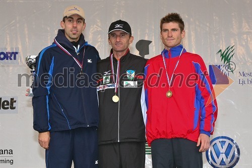 Mitja Kosovelj, drugouvrščeni, Roman Kejžar, zmagovalec polmaratona (teka na 21 km) in David Rihtarič, tretjeuvrščeni