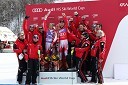 Marcel Hirscher, smučar (Avstrija), drugouvrščeni smučar na slalomu za 49. Pokal Vitranc, Reinfried Herbst, smučar (Avstrija) in zmagovalec slaloma za 49. Pokal Vitranc skupaj s člani avstrijskega teama