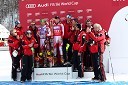 Marcel Hirscher, smučar (Avstrija), drugouvrščeni smučar na slalomu za 49. Pokal Vitranc, Reinfried Herbst, smučar (Avstrija) in zmagovalec slaloma za 49. Pokal Vitranc skupaj s člani avstrijskega teama