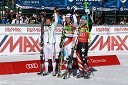 Alexis Pinturault, smučar (Francija), Carlo Janka, smučar (Švica) in zmagovalec veleslaloma ter Ted Ligety (USA)