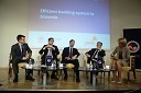 Izr. prof. dr. Marko Košak, predstojnik katedre za denar in finance, Ekonomska fakulteta Univerza v Ljubljani, dr. Dejan Krušec, državni sekretar, Ministrstvo za finance Republike Slovenije, Janko Medja, predsednik uprave NLB d.d., Mark Batten, Partner PWC, Nevenka Črešnar Pergar, direktorica NP Consulting