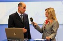 Janez Janša, predsednik SDS in Tanja Gobec, novinarka TV Slovenija